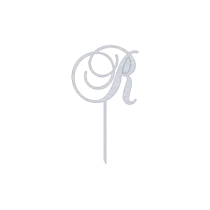 Elegant cake topper featuring an R monogram in a swirl script design. Made from laser-cut aluminum with a natural finish. Dimensions are 6.5 inches wide and 11.0 inches high.